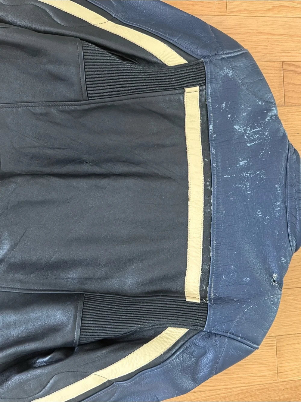 Men's Two-Tone Black and Navy Leather Bomber Jacket with Cream Stripe
